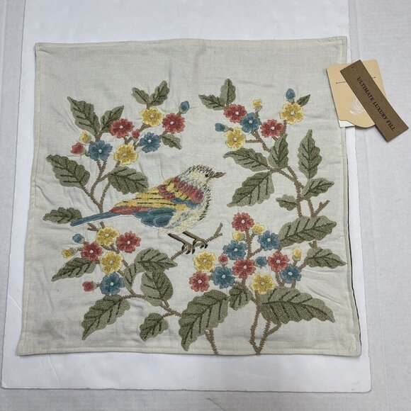 The Home Throw Pillow Covers Floral Birds 18x18 Embroidered Textured Cotton - Picture 4 of 12